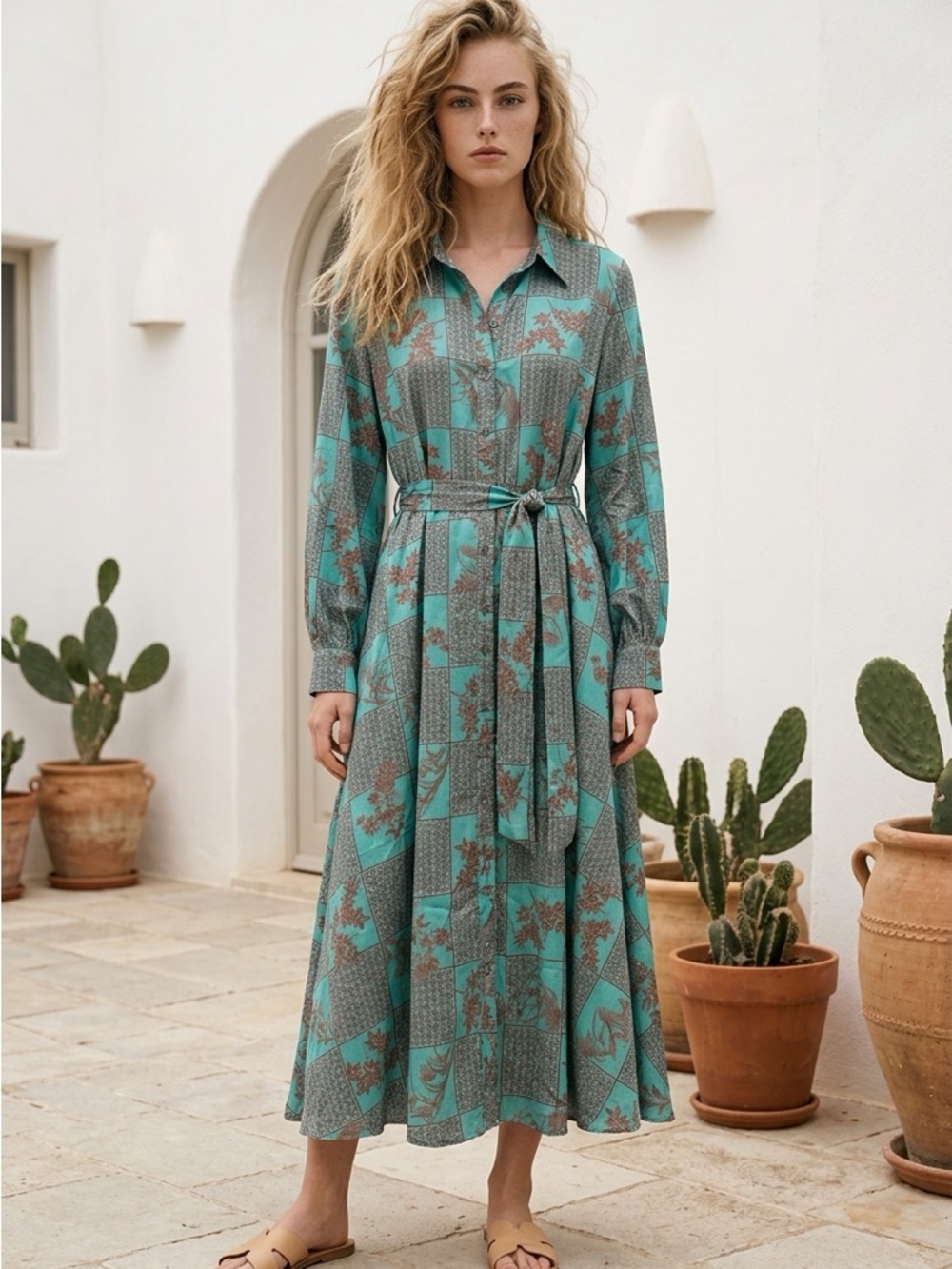 Current Air Teal and Brown Patterned Maxi Shirt Dress with Tie Waist